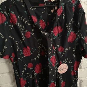 Plus Size 1950s Style Black & Red Rose Amara Swing Dress